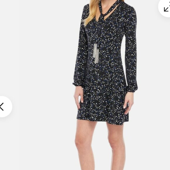 Michael Kors, black dress w blue/silver Star Foil pattern Chain Fringe tie, XS - Picture 9 of 9